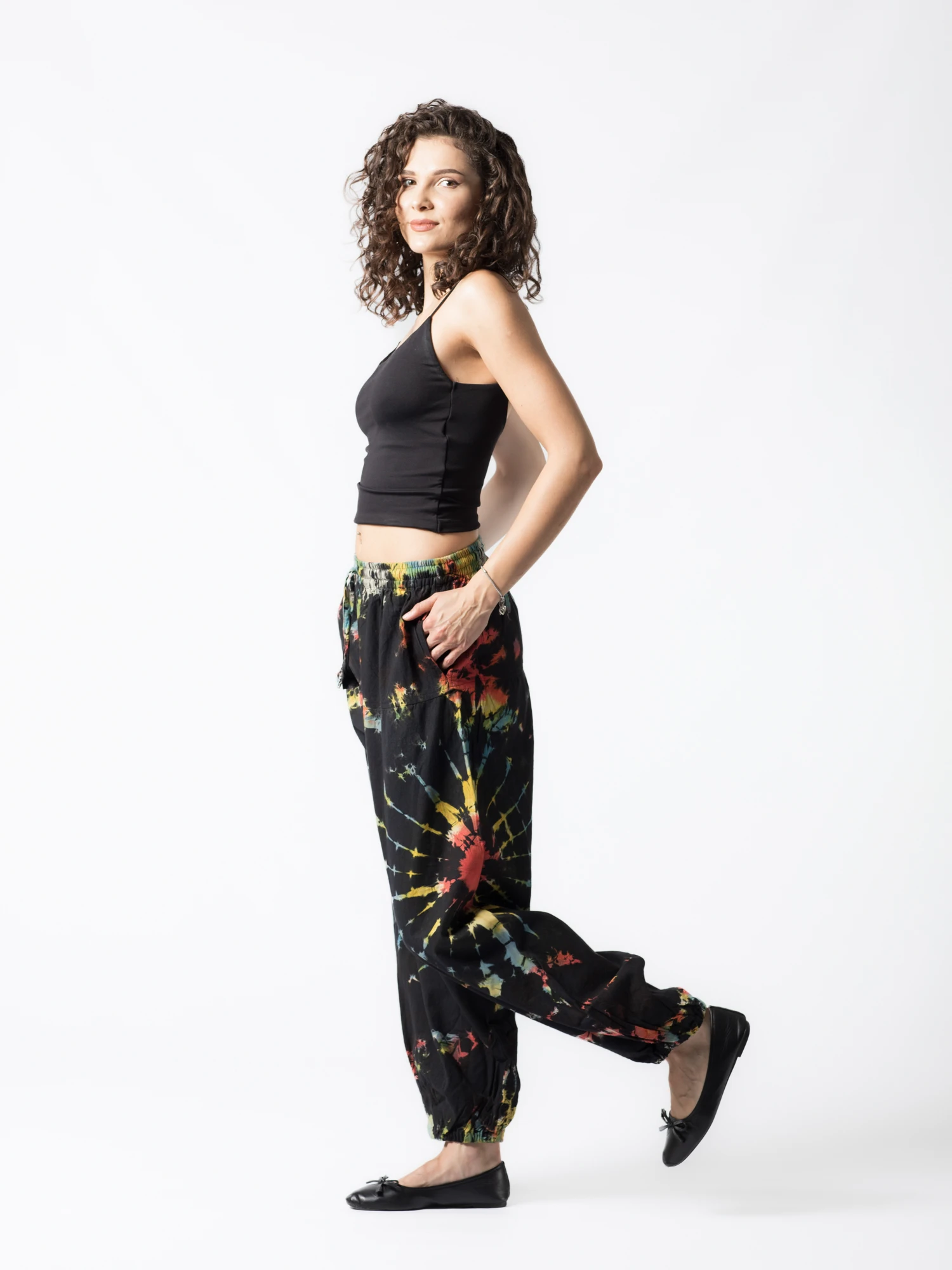 Pantaloni Baggy din bumbac cu buzunare laterale și șnur în talie - Tie Dye [3]