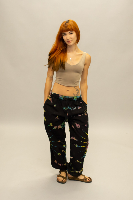 Pantaloni Baggy din bumbac cu buzunare laterale și șnur în talie - Tie Dye [2]