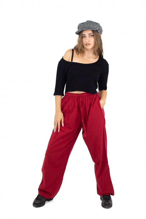 Pantaloni cu croi drept si elastic in talie - Rosu [2]