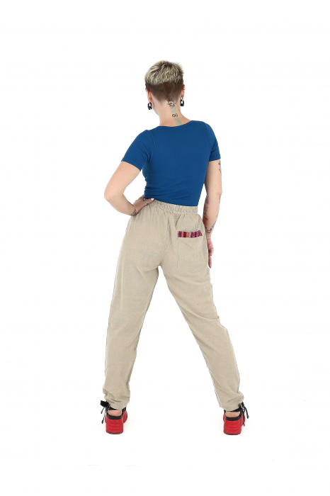 Pantaloni cu croi drept și model etno și talie ajustabilă - Crem [4]