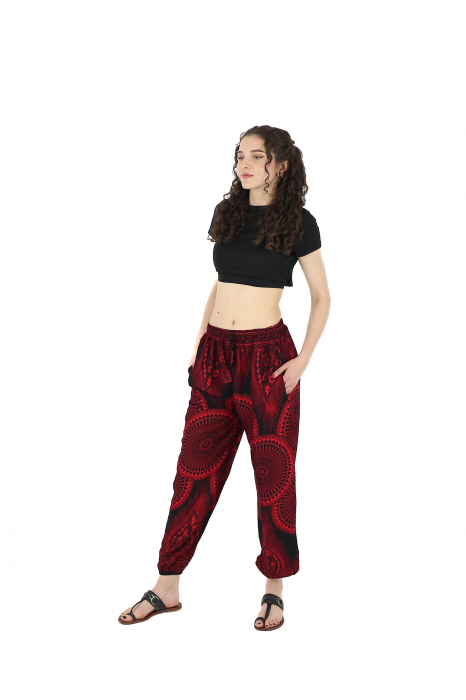 Pantaloni cu print abstract  si cu ajustare prin snur - Negru cu Rosu [3]