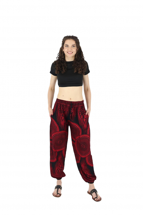 Pantaloni cu print abstract  si cu ajustare prin snur - Negru cu Rosu [2]