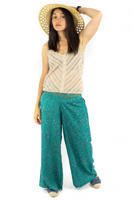 Pantaloni cu print din material fluid - Turquoise [2]