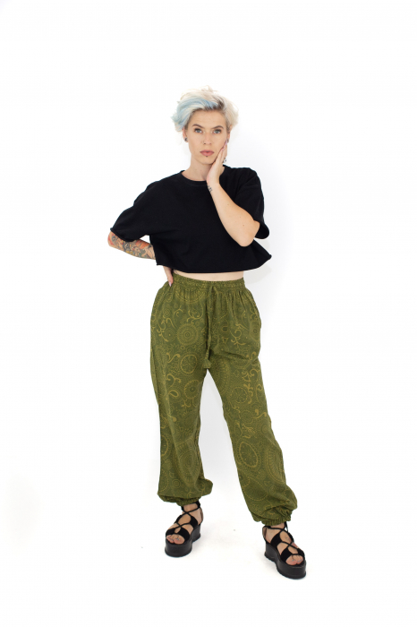 Pantaloni cu print Mandala all over- Petrol [2]