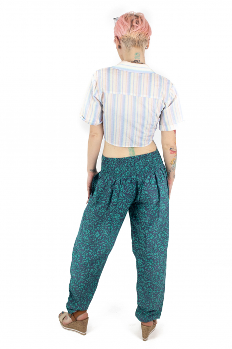 Pantaloni cu print oriental si elastic in jurul gleznei - Teal [4]