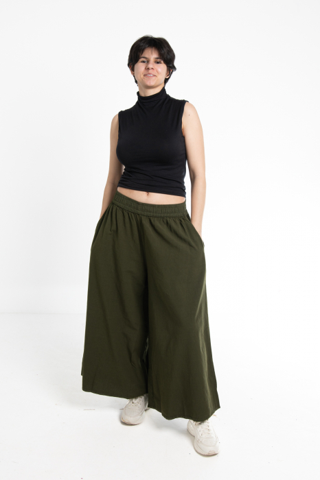 Pantaloni Culottes din Bumbac cu Bandă Elastica in Talie si Buzunare Laterale [2]