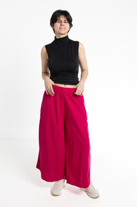 Pantaloni Culottes din Bumbac cu Bandă Elastica in Talie si Buzunare Laterale [3]