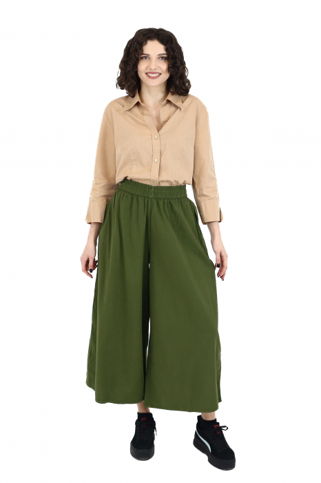 Pantaloni Culottes din Bumbac cu Bandă Elastica in Talie si Buzunare Laterale [2]