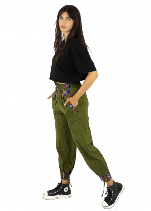 Pantaloni din bumbac cu brau etno - verde [2]