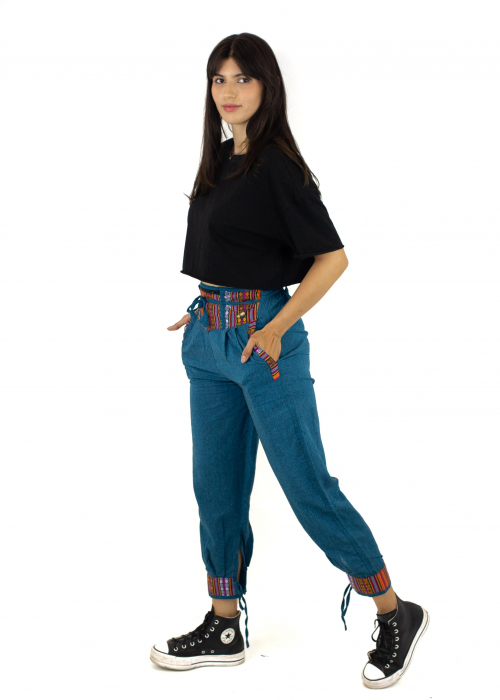 Pantaloni din bumbac cu brau etno - teal [2]