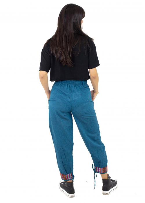 Pantaloni din bumbac cu brau etno - teal [3]