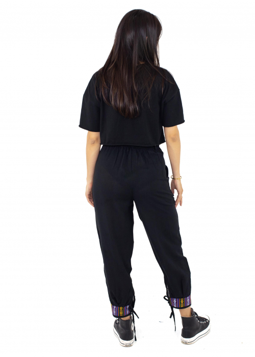 Pantaloni din bumbac cu brau etno - negru [3]