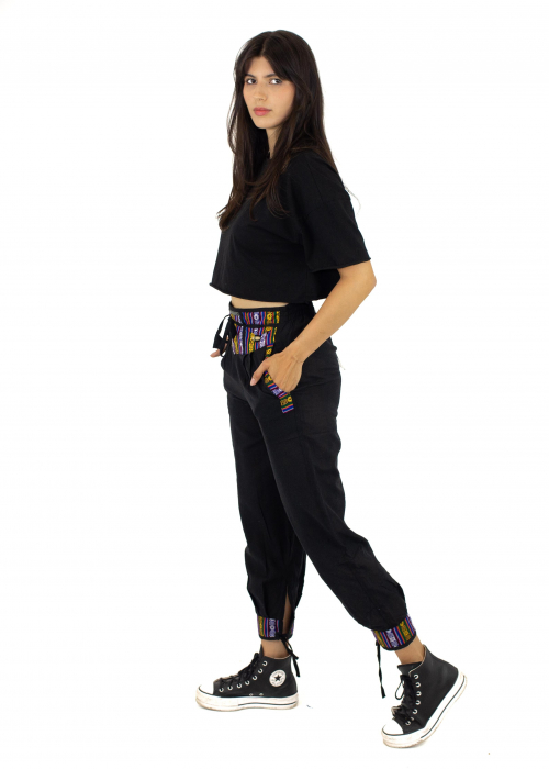 Pantaloni din bumbac cu brau etno - negru [2]