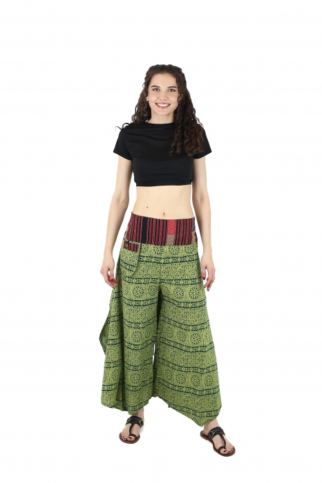 Pantaloni din bumbac cu print abstract si talie cu broderie - Verde [2]