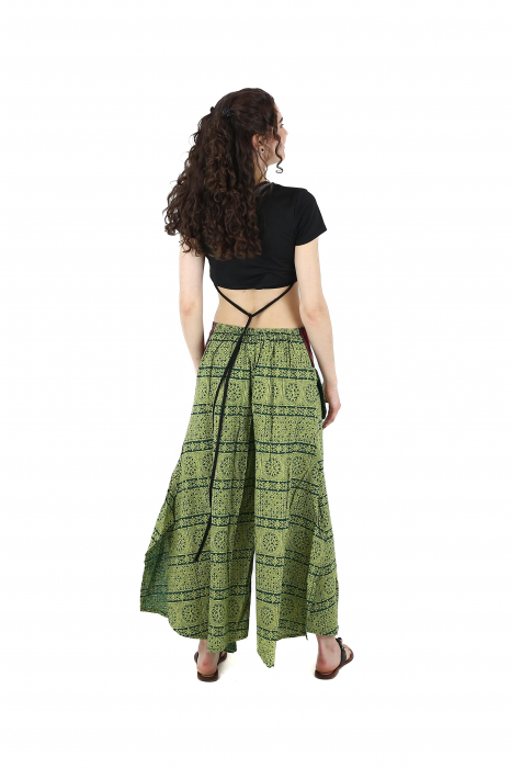 Pantaloni din bumbac cu print abstract si talie cu broderie - Verde [4]