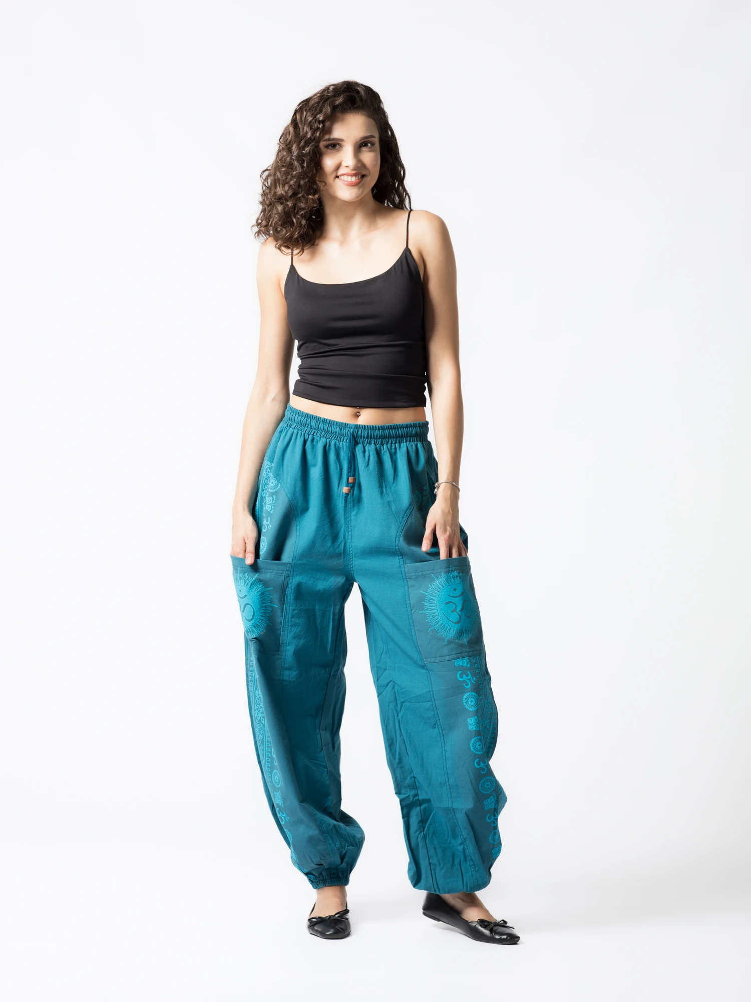 Pantaloni din bumbac cu print OM și buzunare frontale - Negru [5]