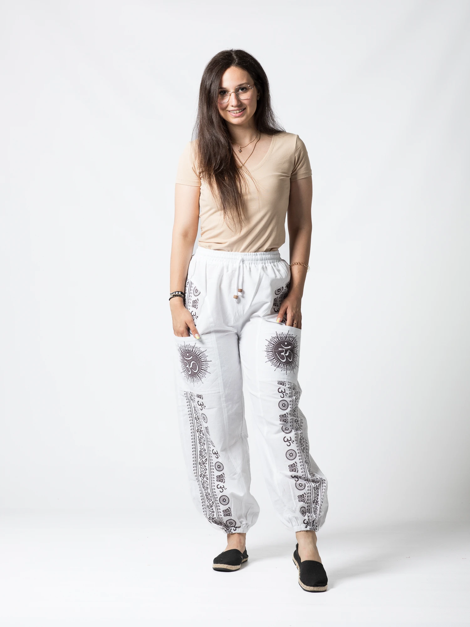Pantaloni din bumbac cu print OM și buzunare frontale - Negru [5]