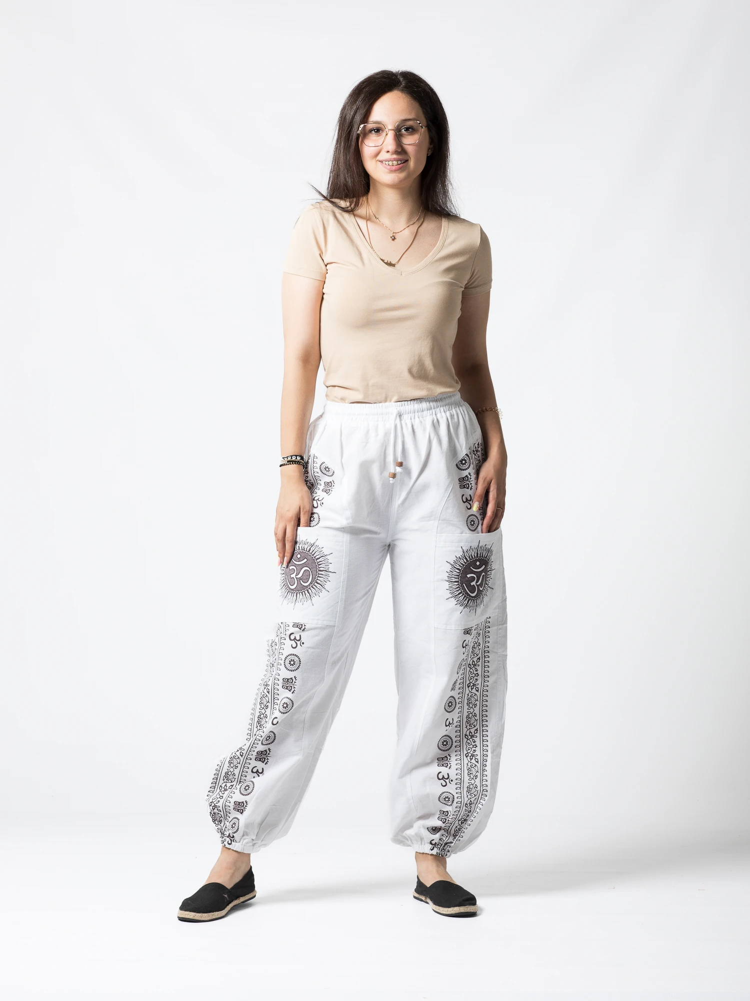 Pantaloni din bumbac cu print OM și buzunare frontale - Negru [6]