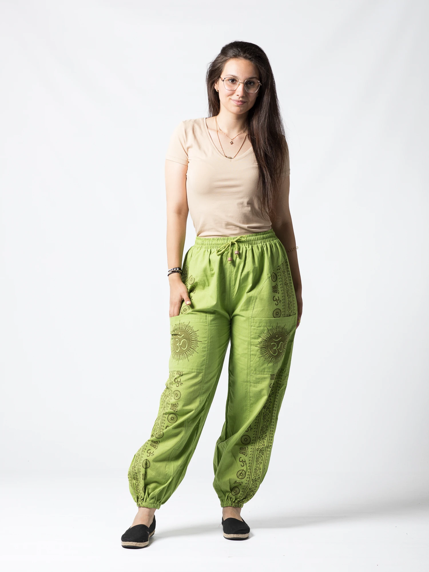 Pantaloni din bumbac cu print OM și buzunare frontale - Negru [2]