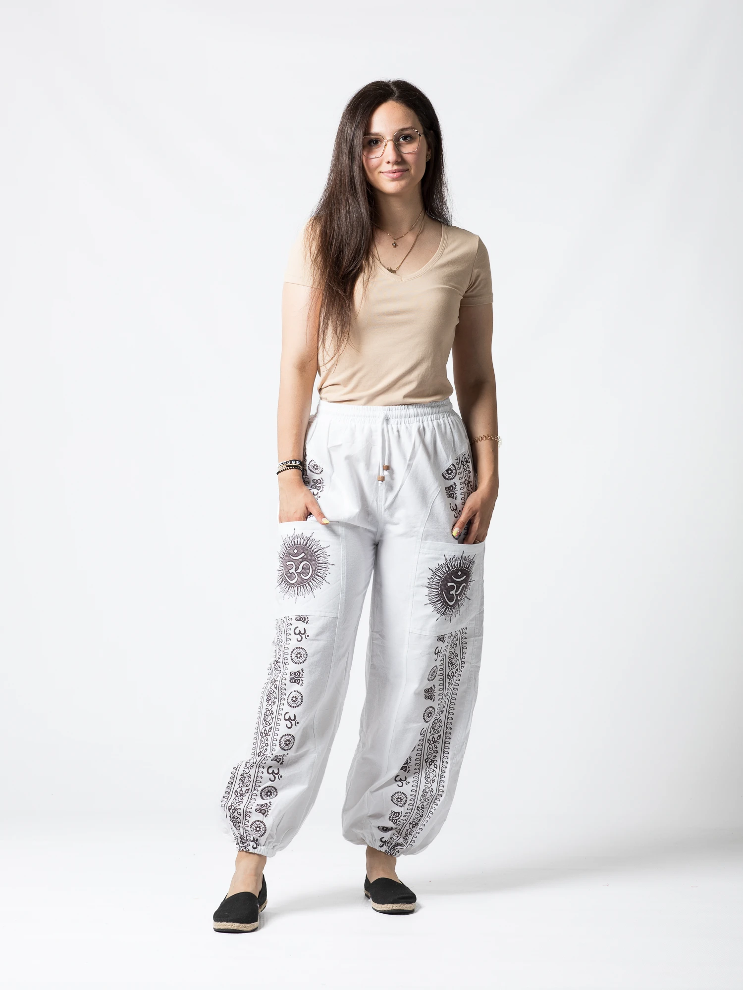 Pantaloni din bumbac cu print OM și buzunare frontale - Negru [2]