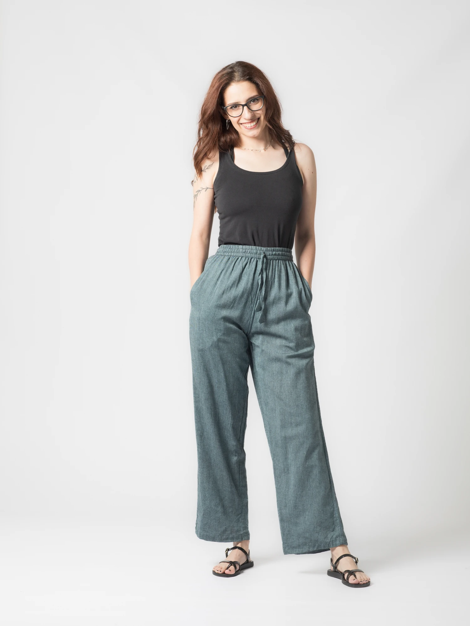 Pantaloni din bumbac drepti cu snur - Gri [7]
