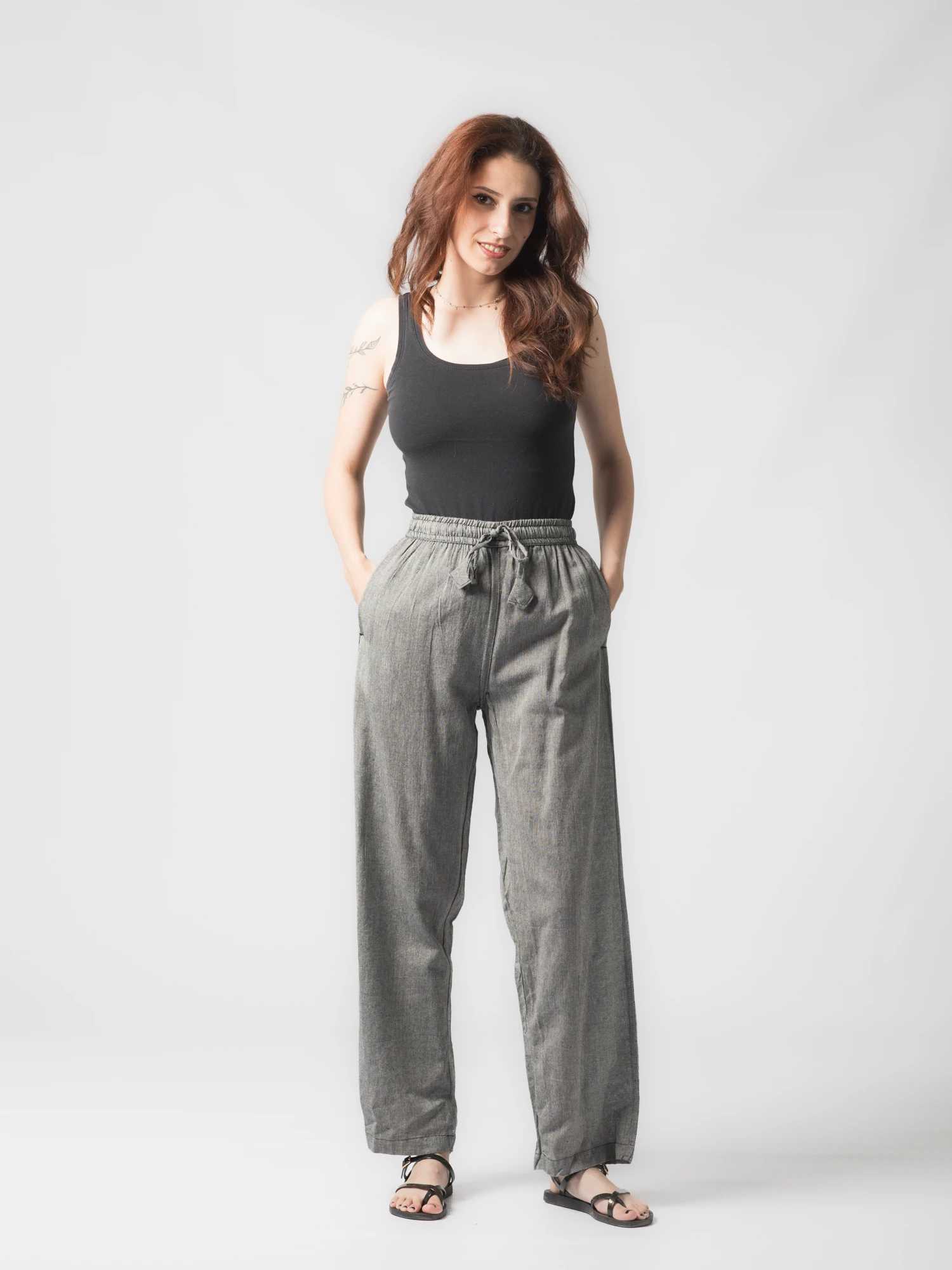 Pantaloni din bumbac drepti cu snur - Gri [16]