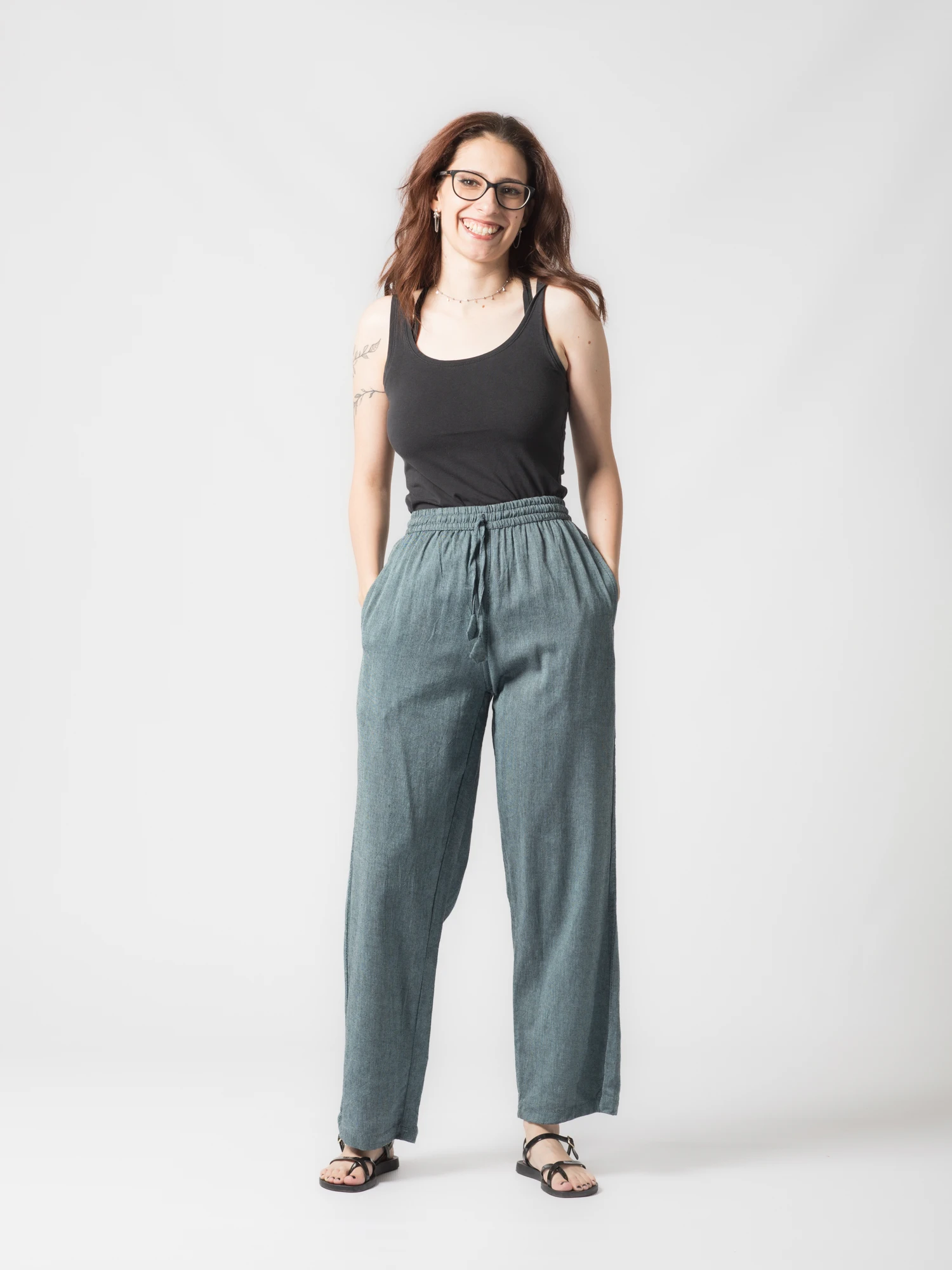 Pantaloni din bumbac drepti cu snur - Gri [2]
