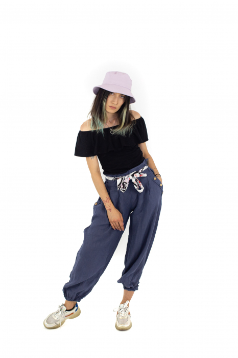 Pantaloni din In cu esarfa in talie si doua buzunare - Mov - 3795 [4]
