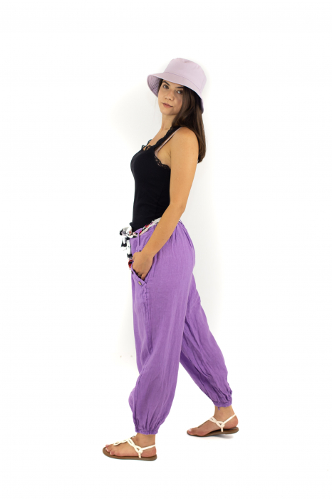 Pantaloni din In cu esarfa in talie si doua buzunare - Mov - 3795 [4]