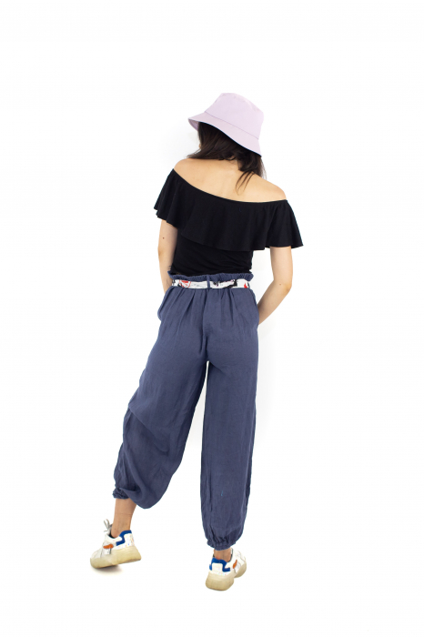 Pantaloni din In cu esarfa in talie si doua buzunare - Mov - 3795 [3]