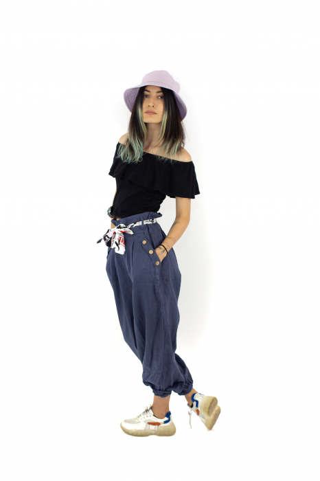 Pantaloni din In cu esarfa in talie si doua buzunare - Mov - 3795 [2]