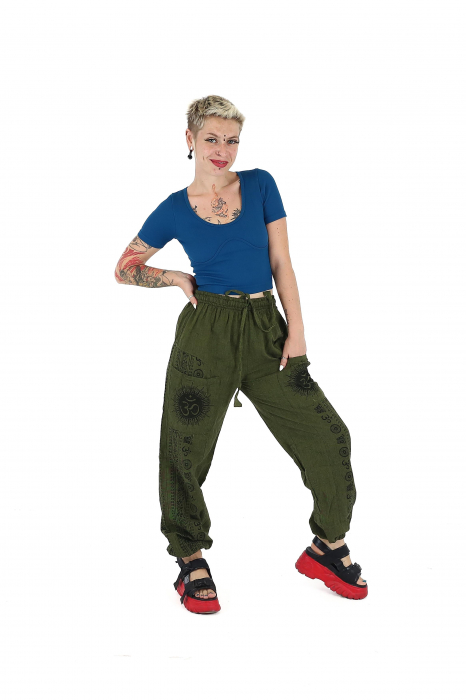 Pantaloni drepți din bumbac cu print Om - Khaki [3]
