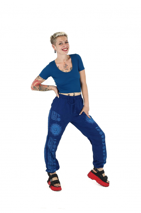 Pantaloni drepți din bumbac cu print Om - Teal [3]