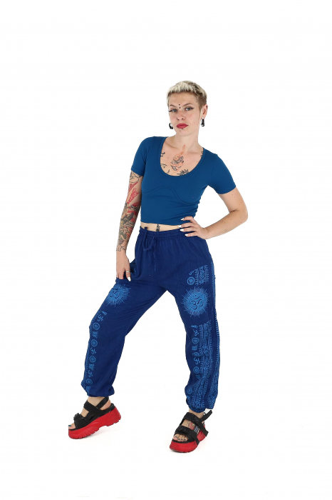 Pantaloni drepți din bumbac cu print Om - Teal [4]