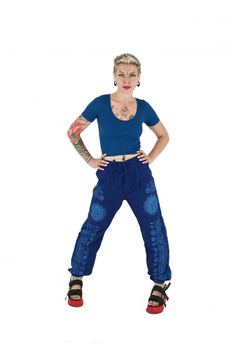 Pantaloni drepți din bumbac cu print Om - Teal [2]