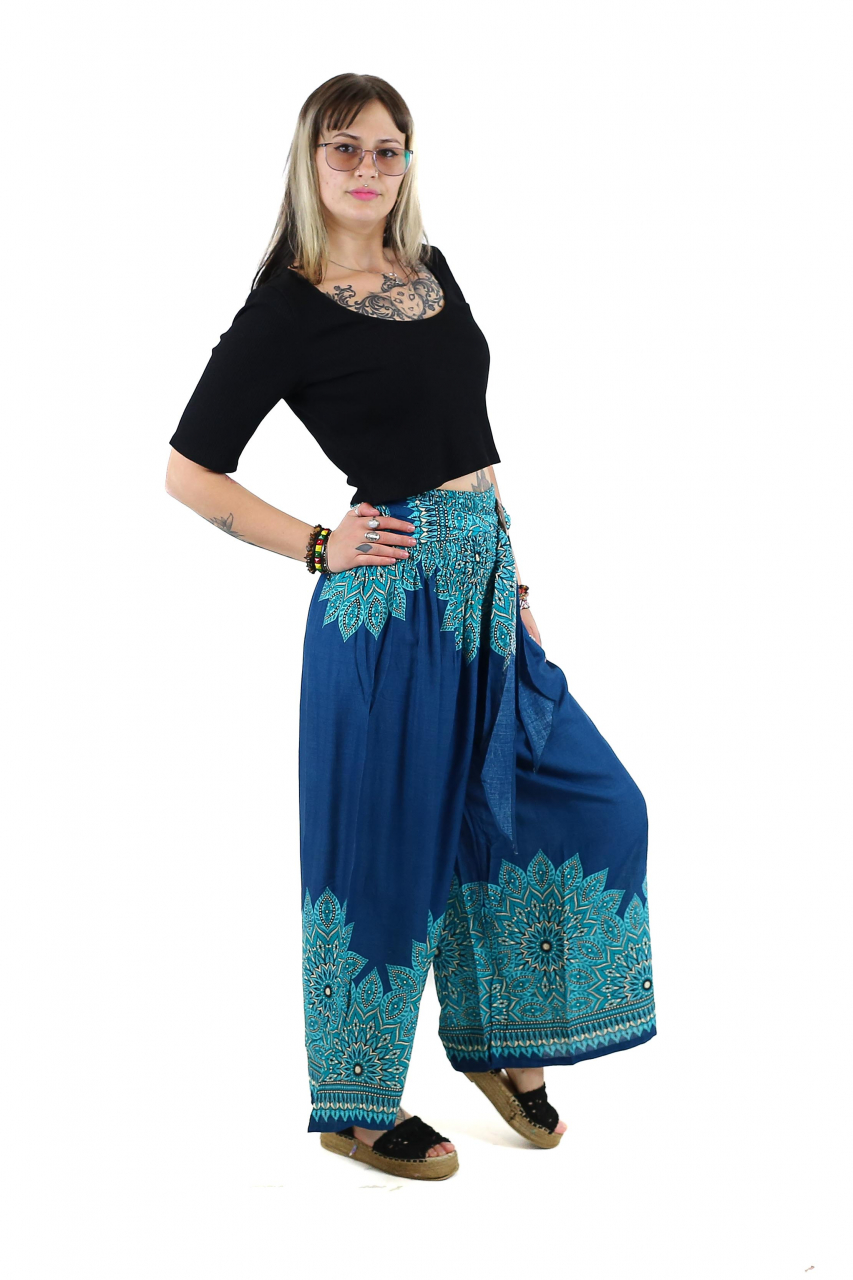 Pantaloni evazati cu banda elastica si catarama in talie - Teal [3]