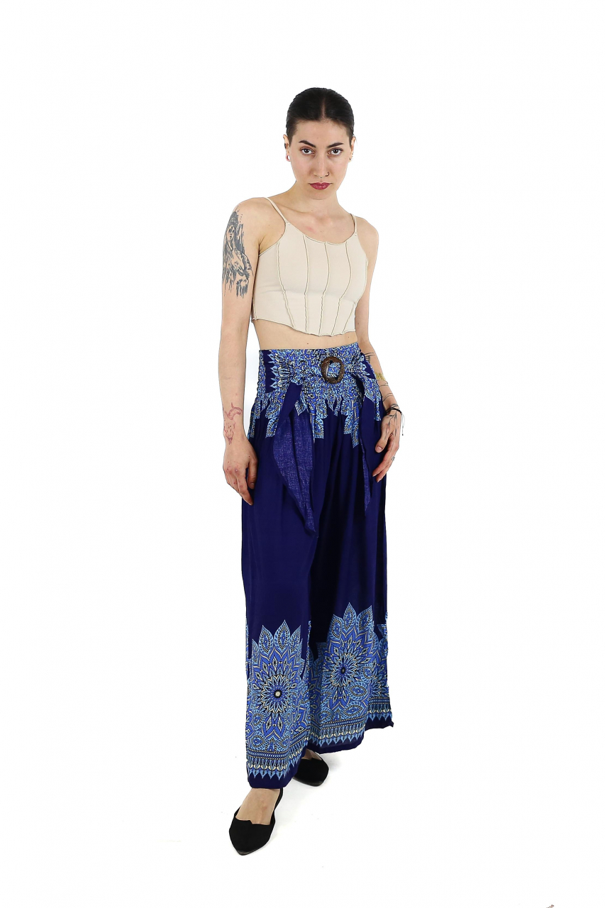 Pantaloni evazati cu banda elastica si catarama in talie - Teal [2]