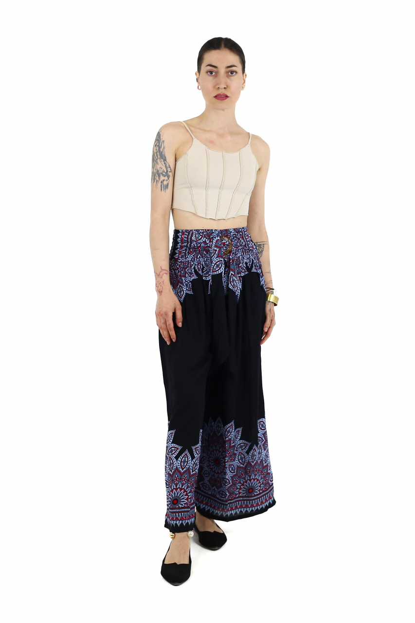 Pantaloni evazati cu banda elastica si catarama in talie - Teal [3]