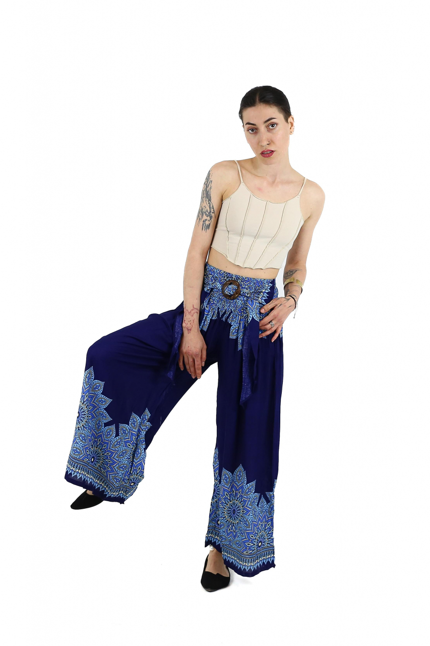 Pantaloni evazati cu banda elastica si catarama in talie - Teal [4]