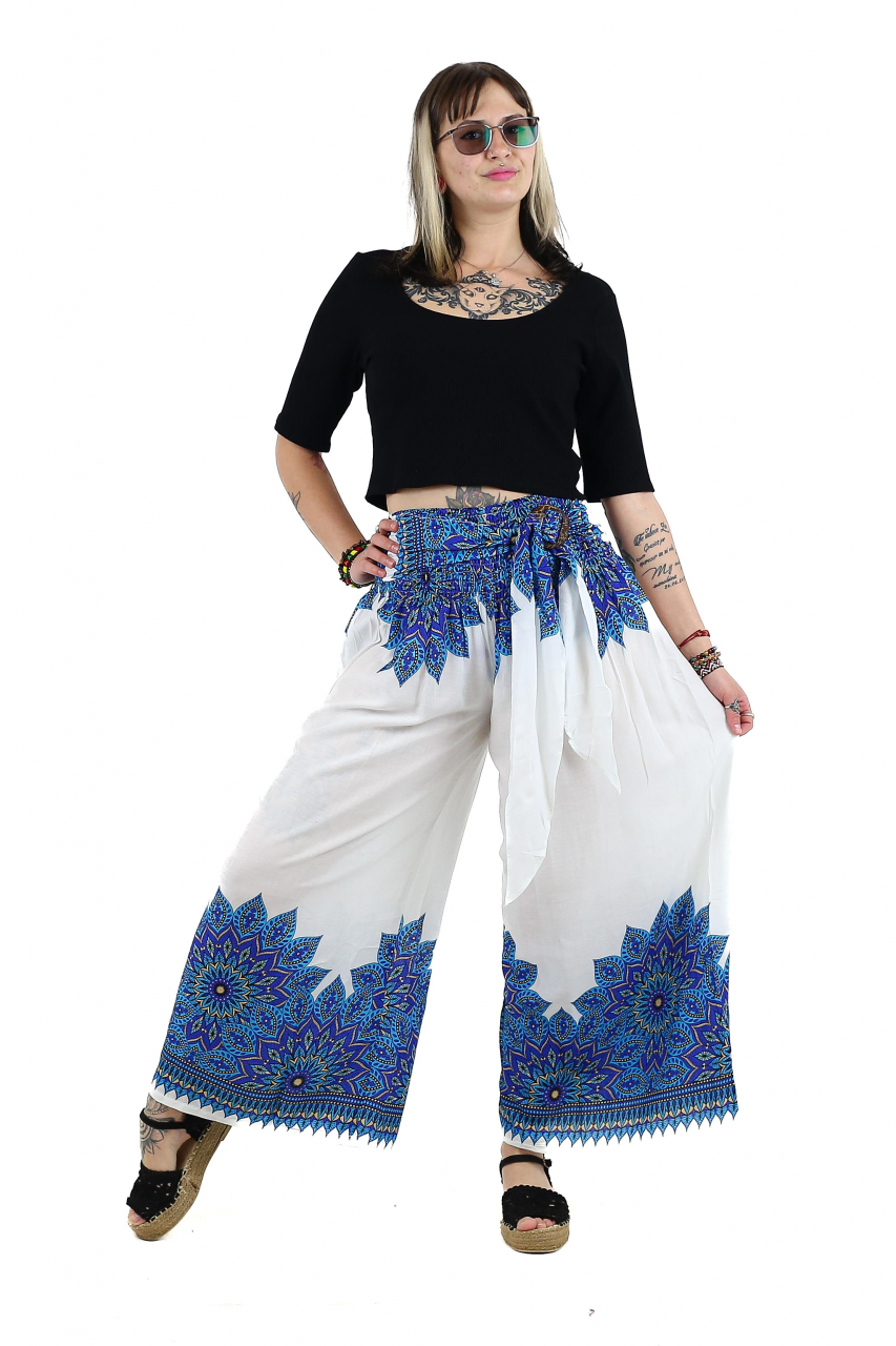 Pantaloni evazati cu banda elastica si catarama in talie - Teal [5]
