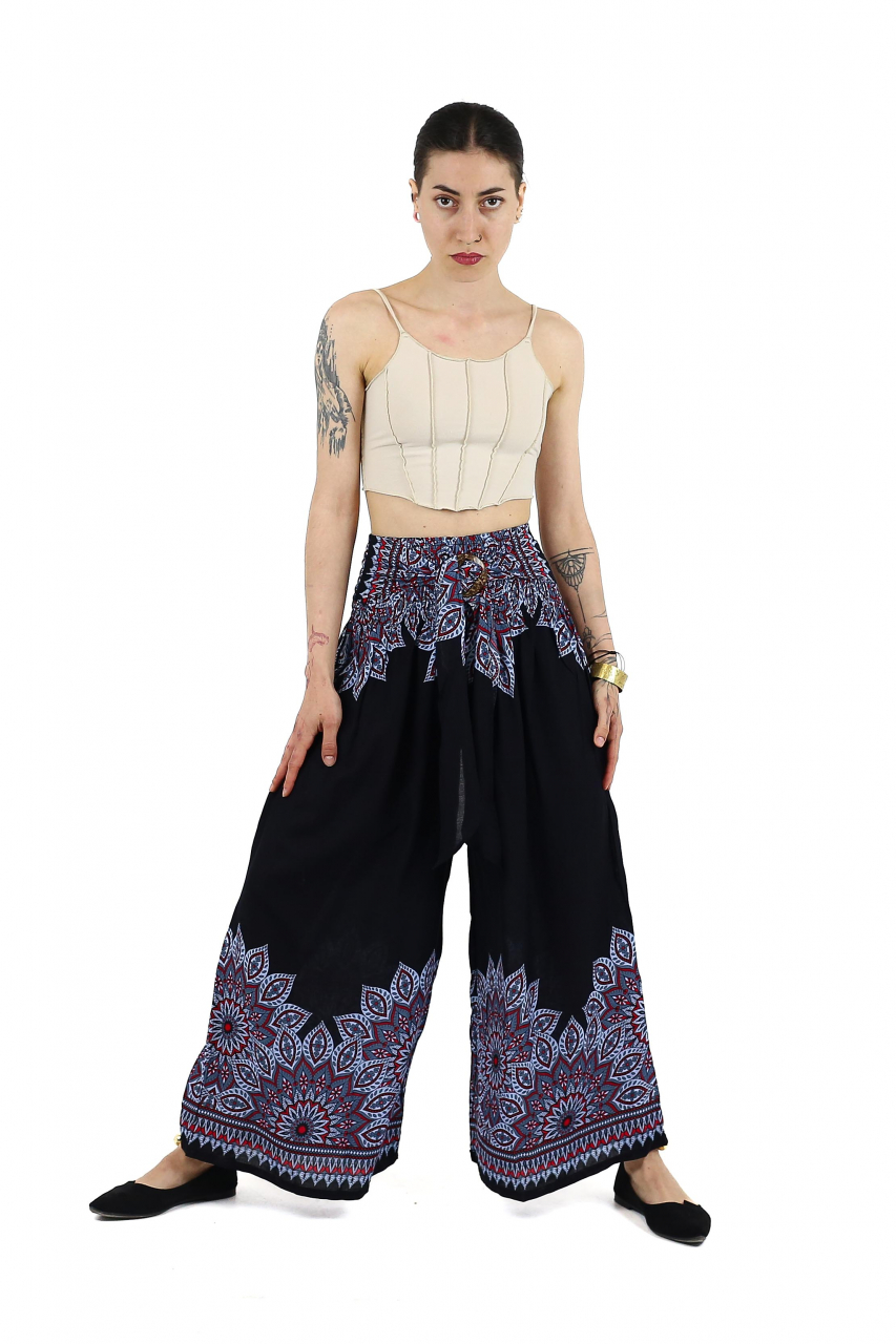 Pantaloni evazati cu banda elastica si catarama in talie - Teal [2]