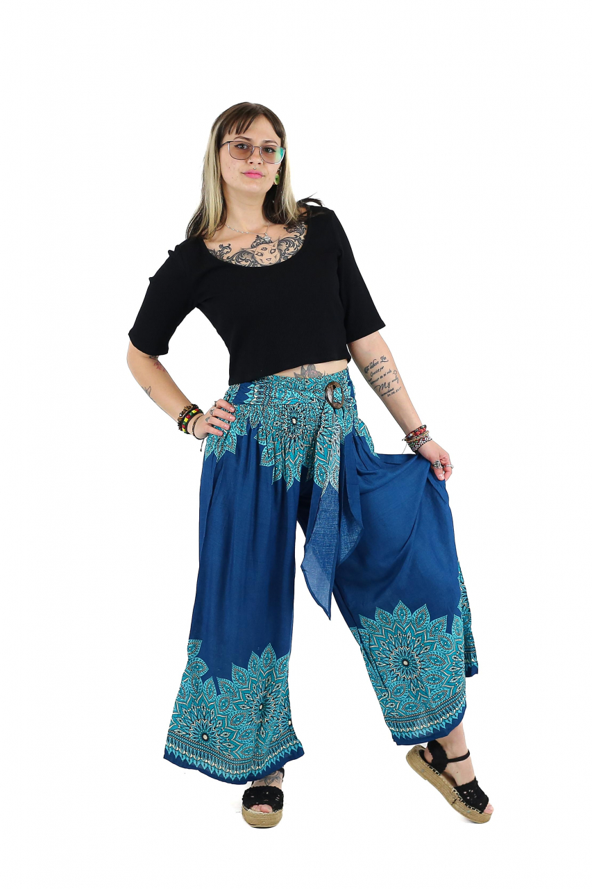 Pantaloni evazati cu banda elastica si catarama in talie - Teal [4]