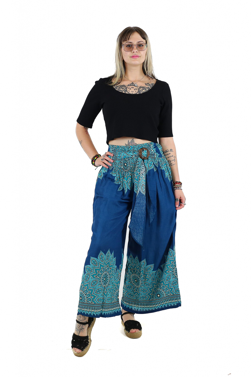 Pantaloni evazati cu banda elastica si catarama in talie - Teal [2]