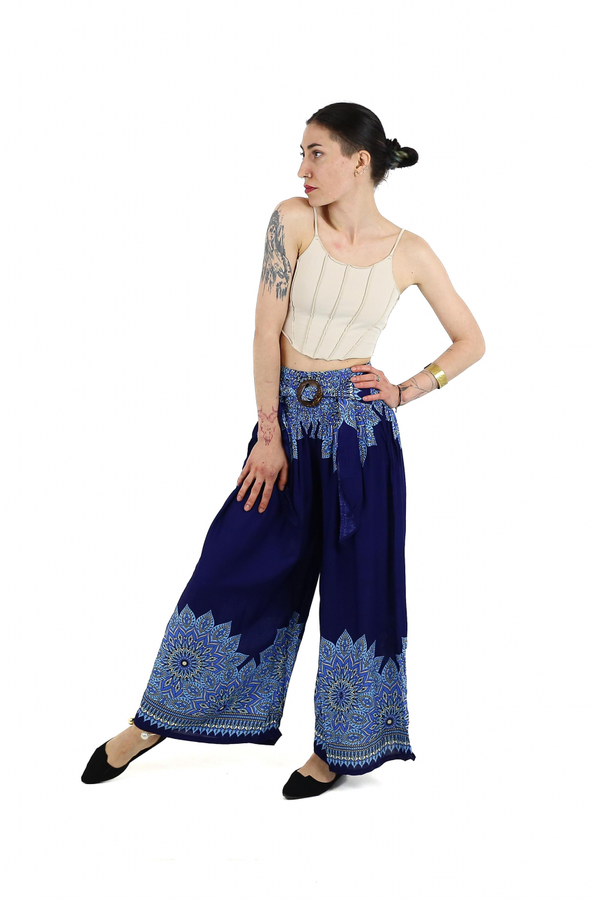 Pantaloni evazati cu banda elastica si catarama in talie - Teal [3]