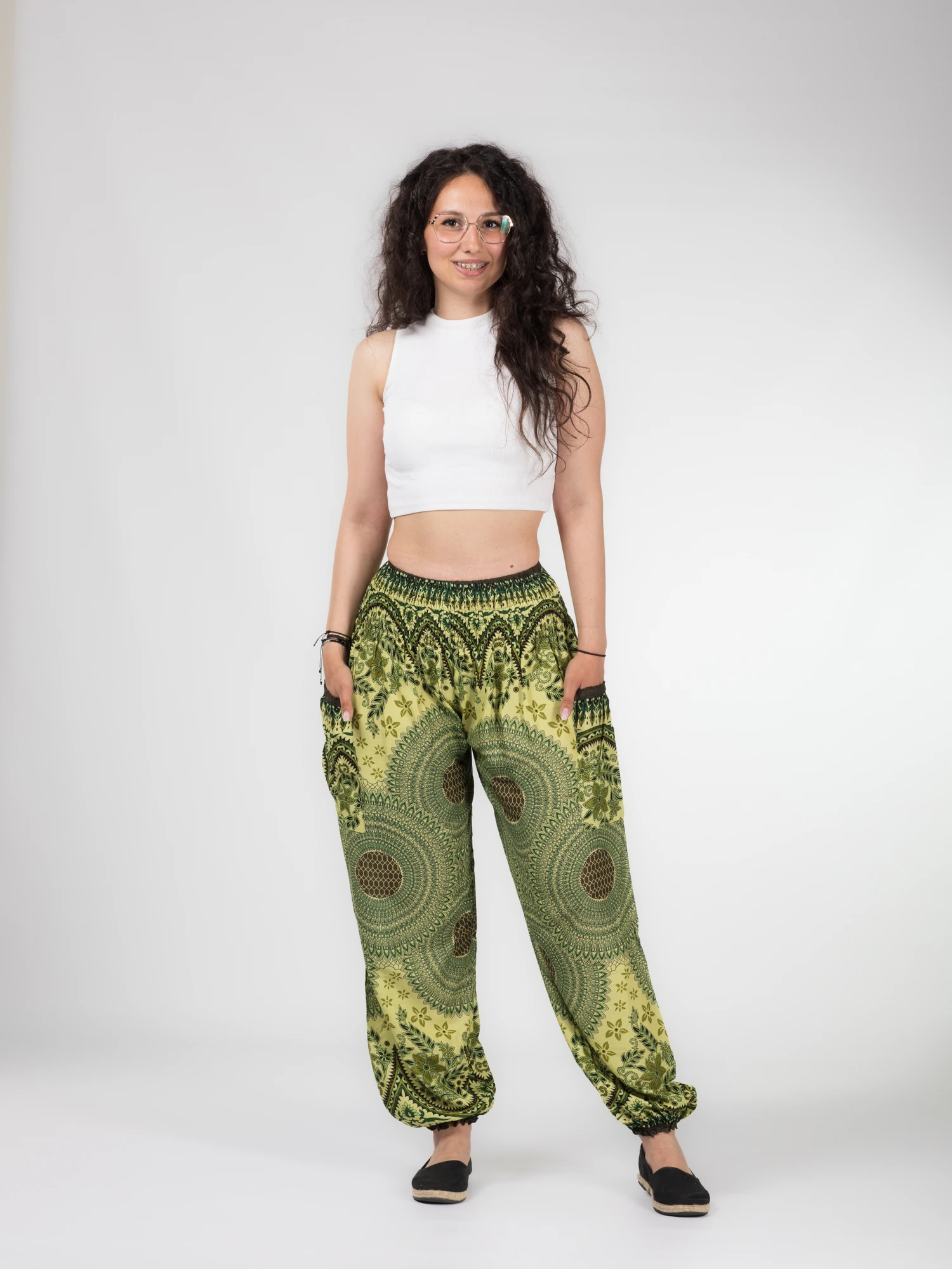 Pantaloni lejeri Jasmine cu print all over - Verde [14]