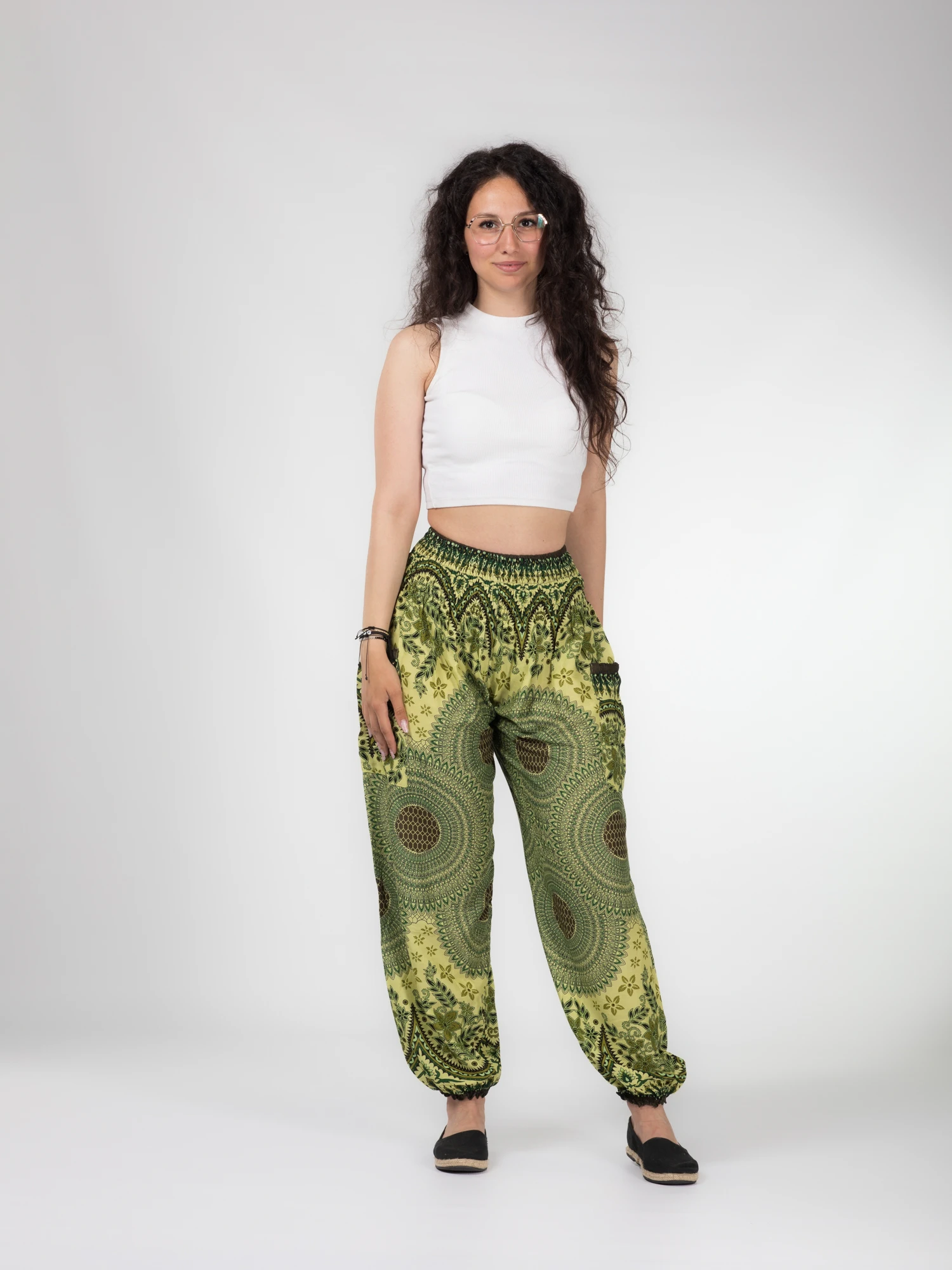 Pantaloni lejeri Jasmine cu print all over - Verde [7]