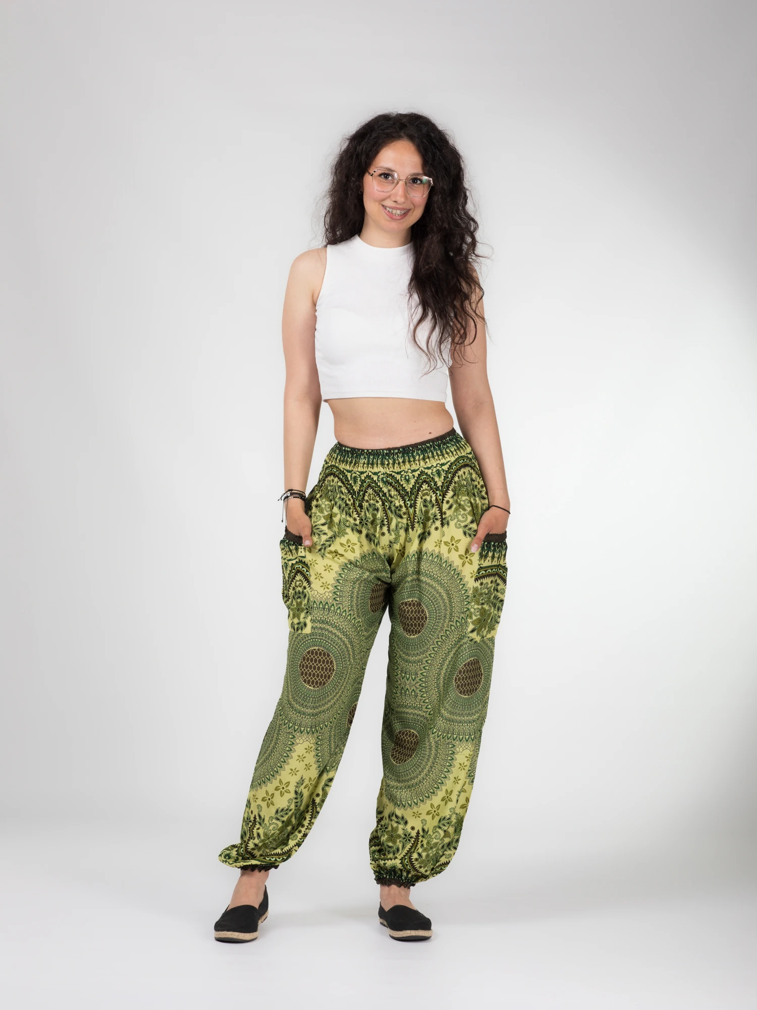 Pantaloni lejeri Jasmine cu print all over - Verde [10]
