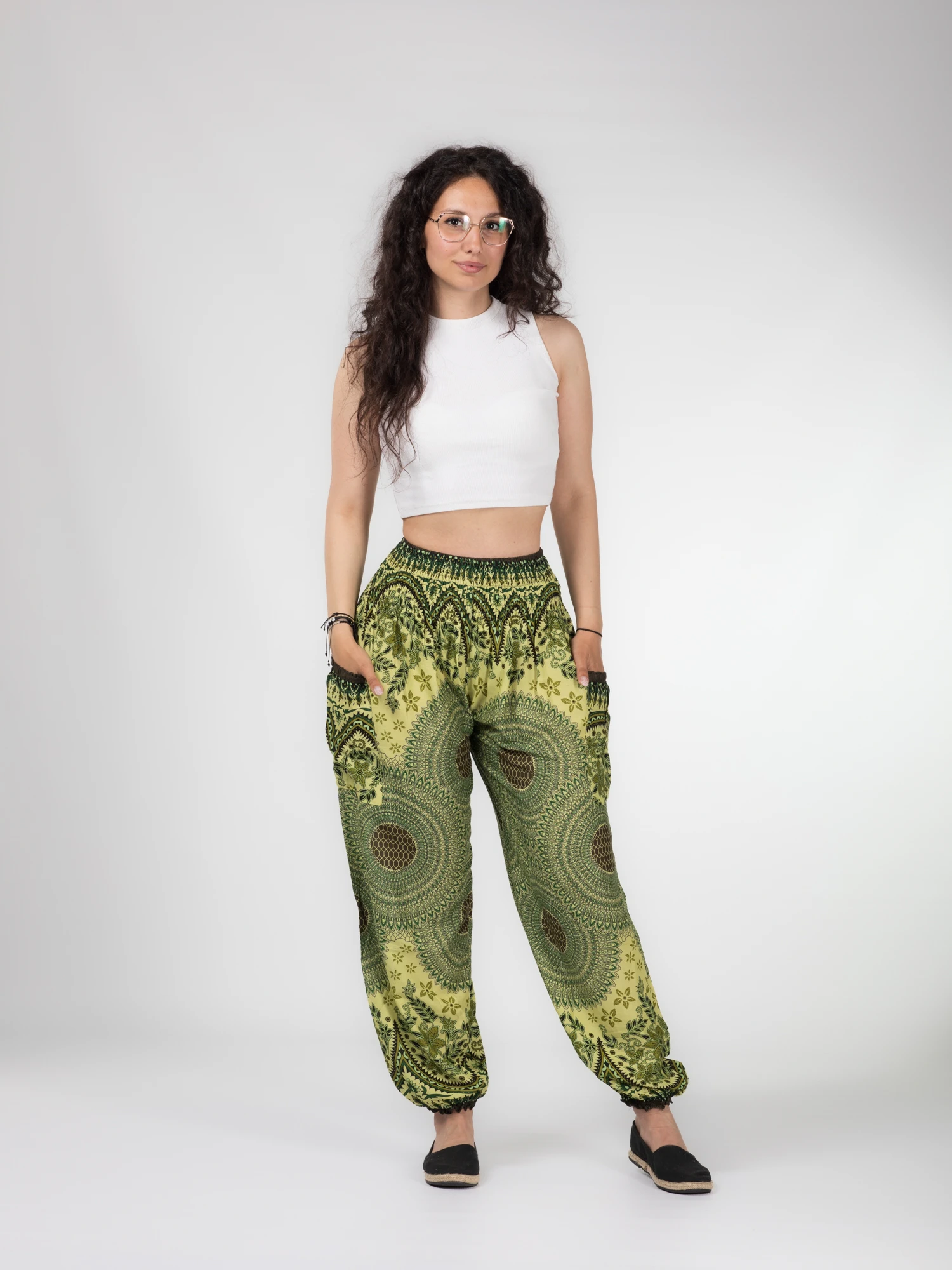 Pantaloni lejeri Jasmine cu print all over - Verde [9]