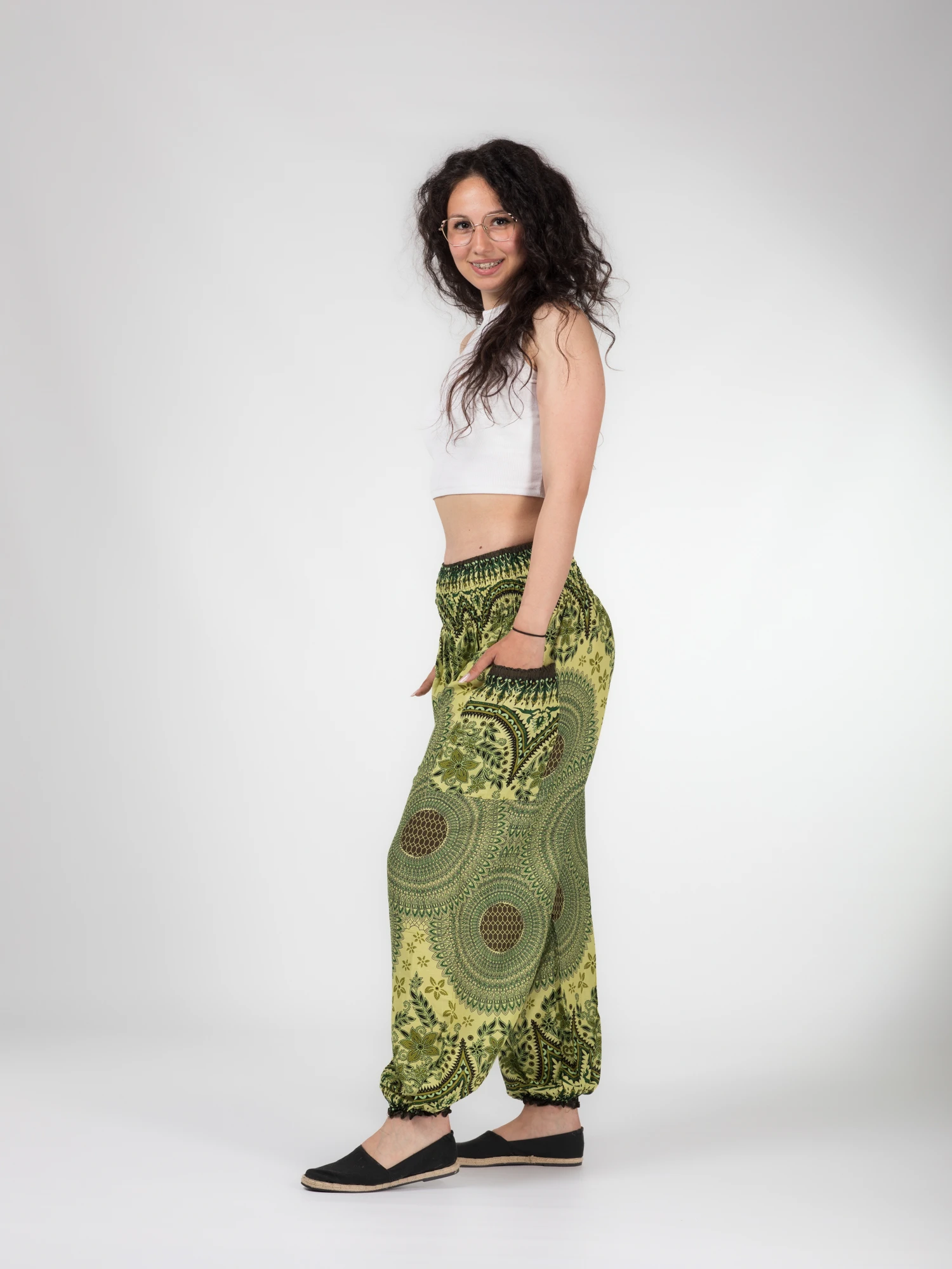 Pantaloni lejeri Jasmine cu print all over - Verde [11]