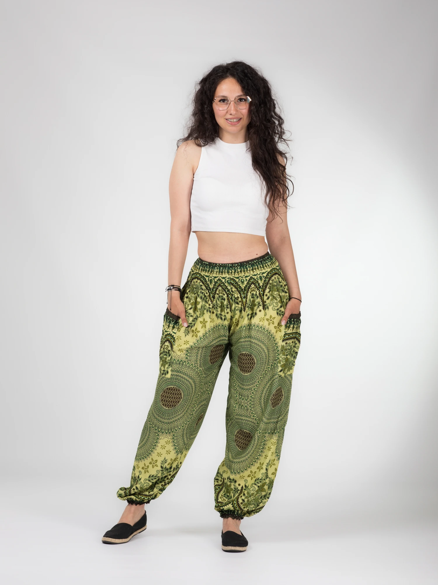 Pantaloni lejeri Jasmine cu print all over - Verde [13]